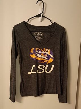 LSU Tiger Eye‎ V-Neck Women's Long Sleeve Tee - Charcoal with Purple & Gold Logo